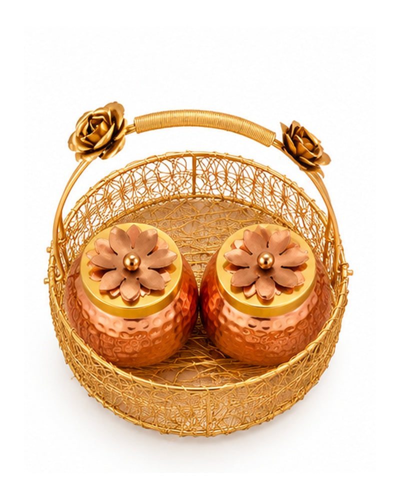 Overhead view of the wire basket holding two copper-tone jars