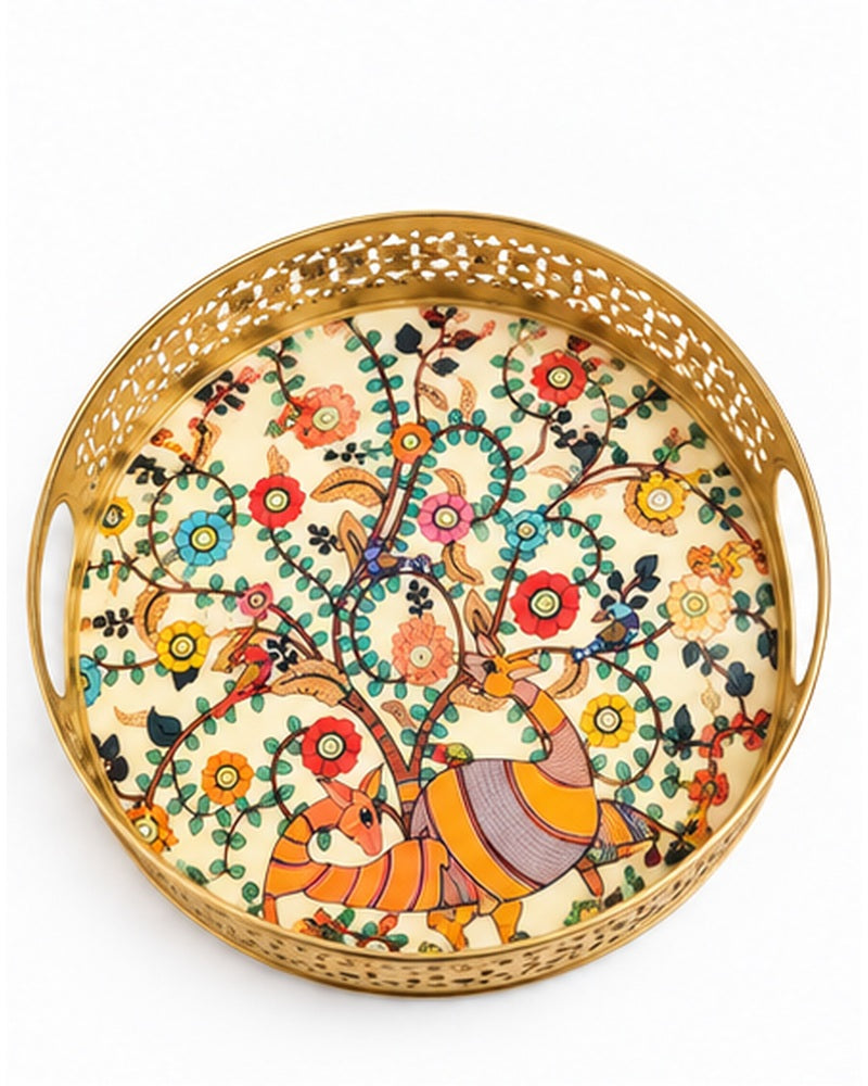 Overhead view of the peacock and floral print tray base