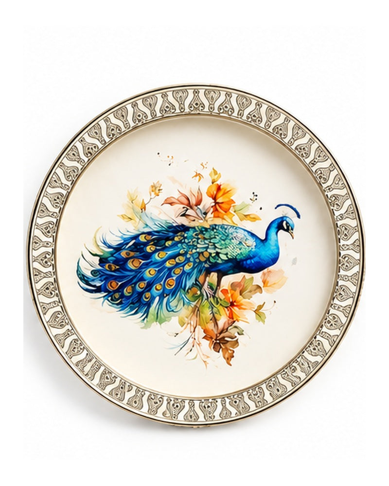 Top view of the peacock platter with geometric border