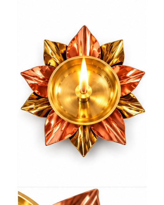 Copper and brass lotus diya, top view lit