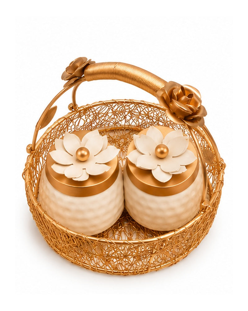Top view of the two white jars with blossom lids in the basket