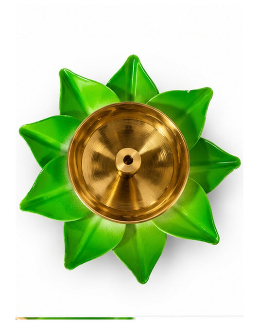 Green lotus brass diya, top view