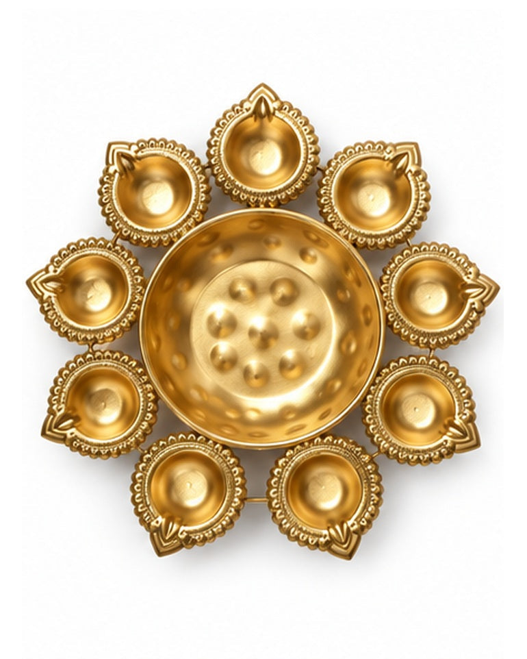 Brass lotus multi-diya platter, top view