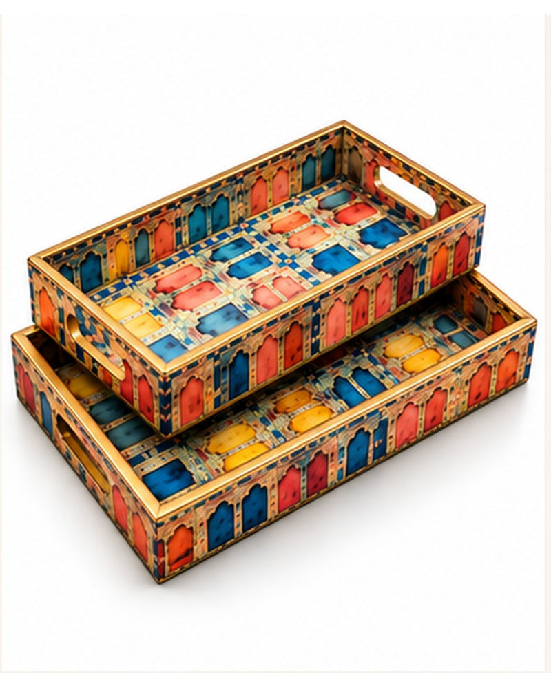 Two jharokha print trays stacked