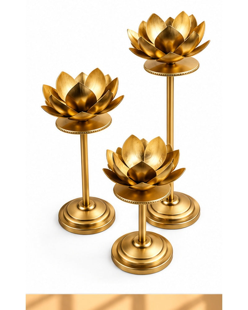 Gold lotus candle stands set of 3, alternate angle
