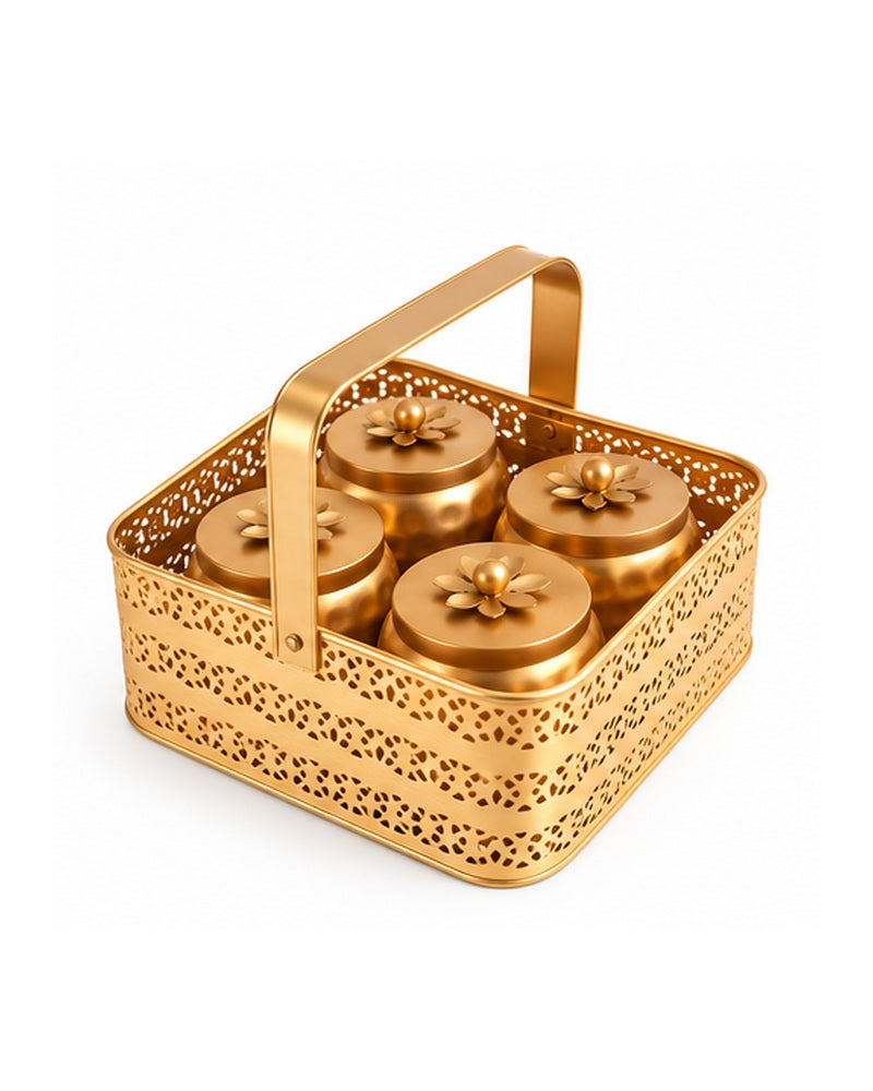 Angled view of the square jaali basket with handle