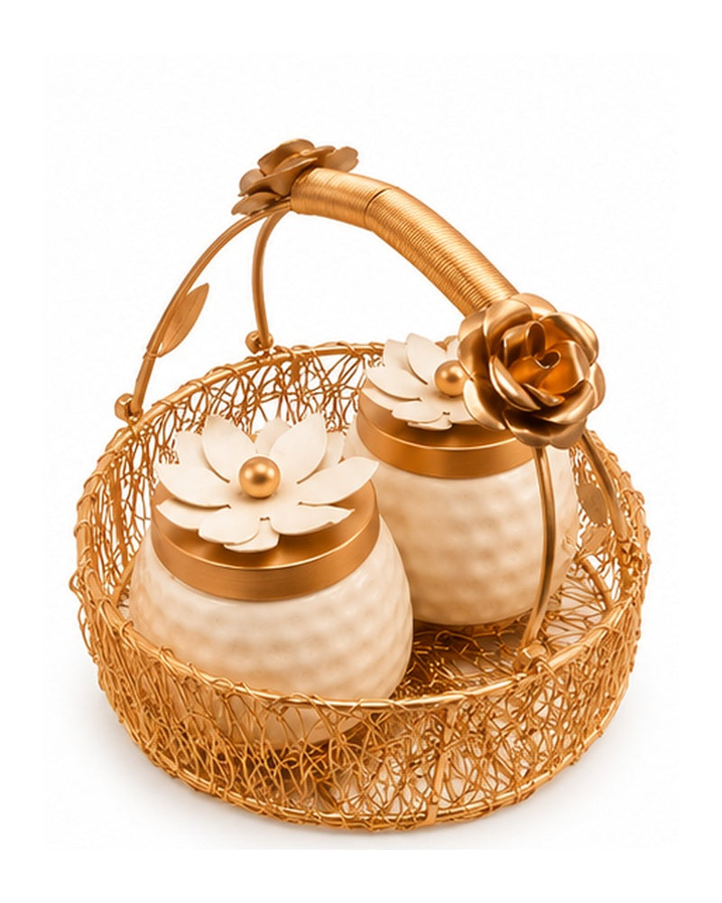 Angled view of the rose handle basket with white jars