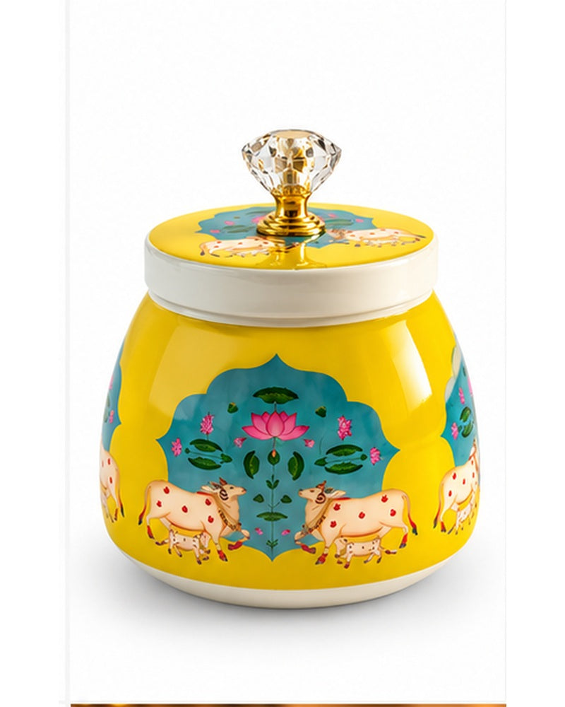 Pichwai art jar, Yellow Cow & Lotus, alternate front view