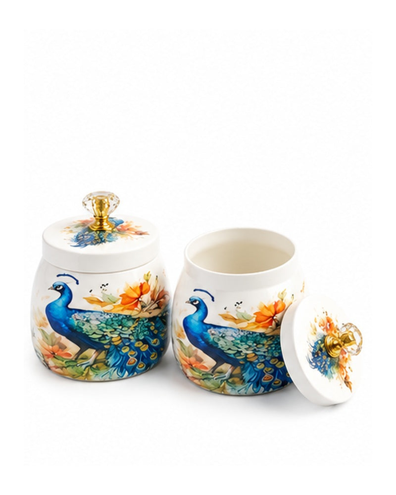Two peacock jars with one lid removed