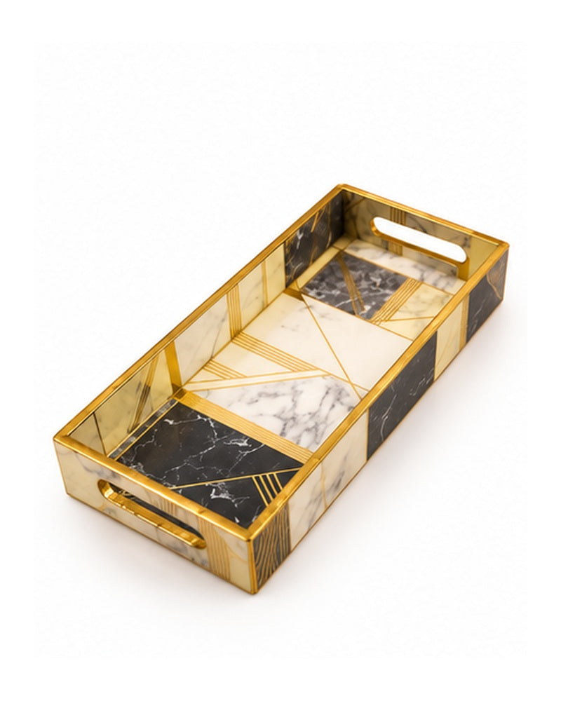 Angled view of the slim marble-look tray with handles