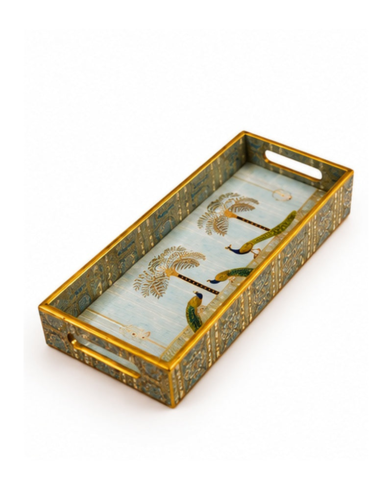 Angled view of the slim Pichwai tray with handles