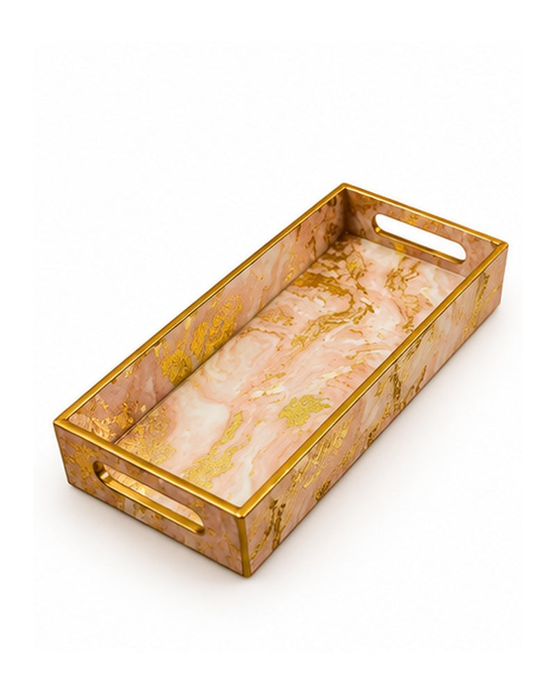 Angled view of the slim pink tray with handles