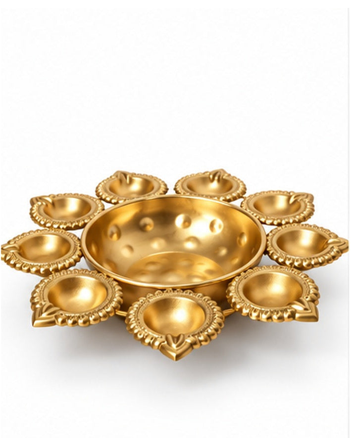 Brass lotus multi-diya platter, low angle