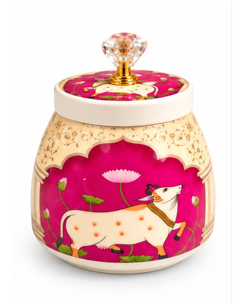 Pichwai art jar, Magenta Cow, front angle