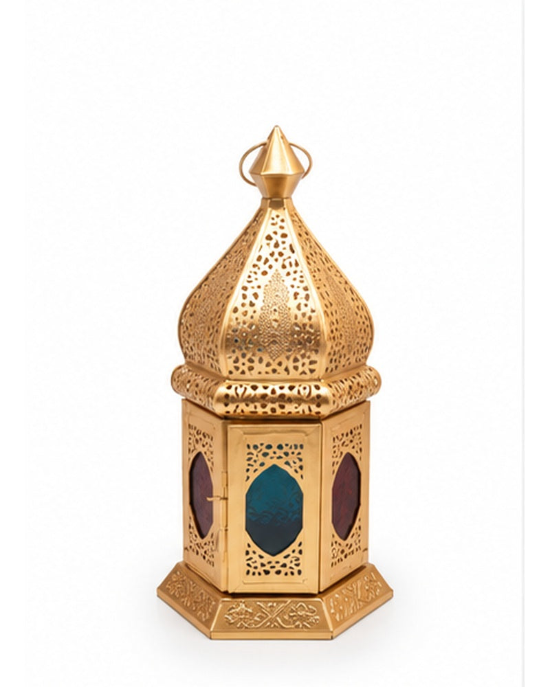 Gold jaali lanterns with coloured glass set of 3, medium lantern front
