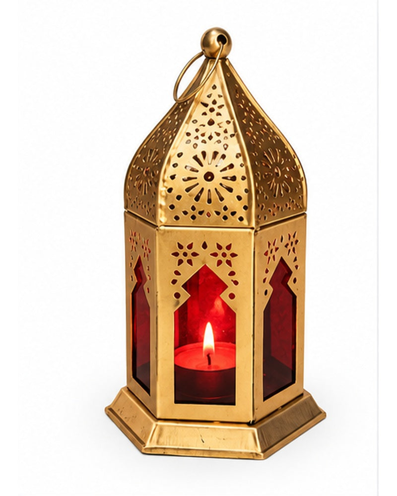 Gold jaali hanging lanterns set of 3, red glass lantern