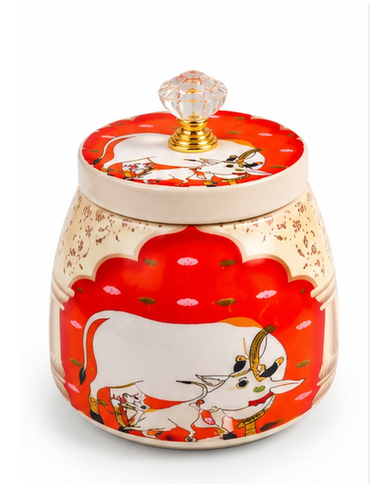 Pichwai art jar with red Pichwai cow and crystal-look knob