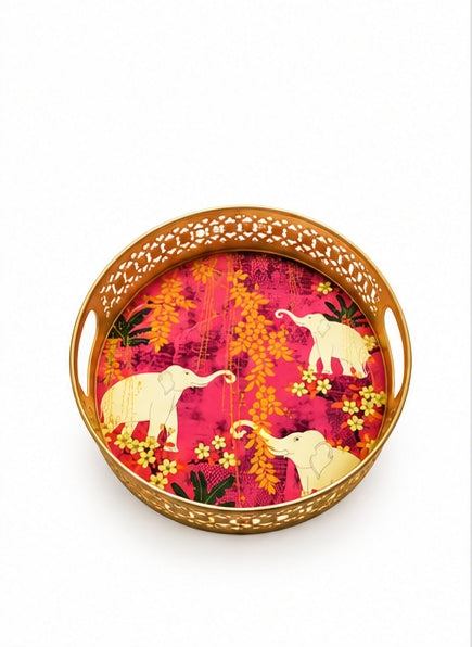 Pink elephant print round jaali trays set of 2, single tray top view