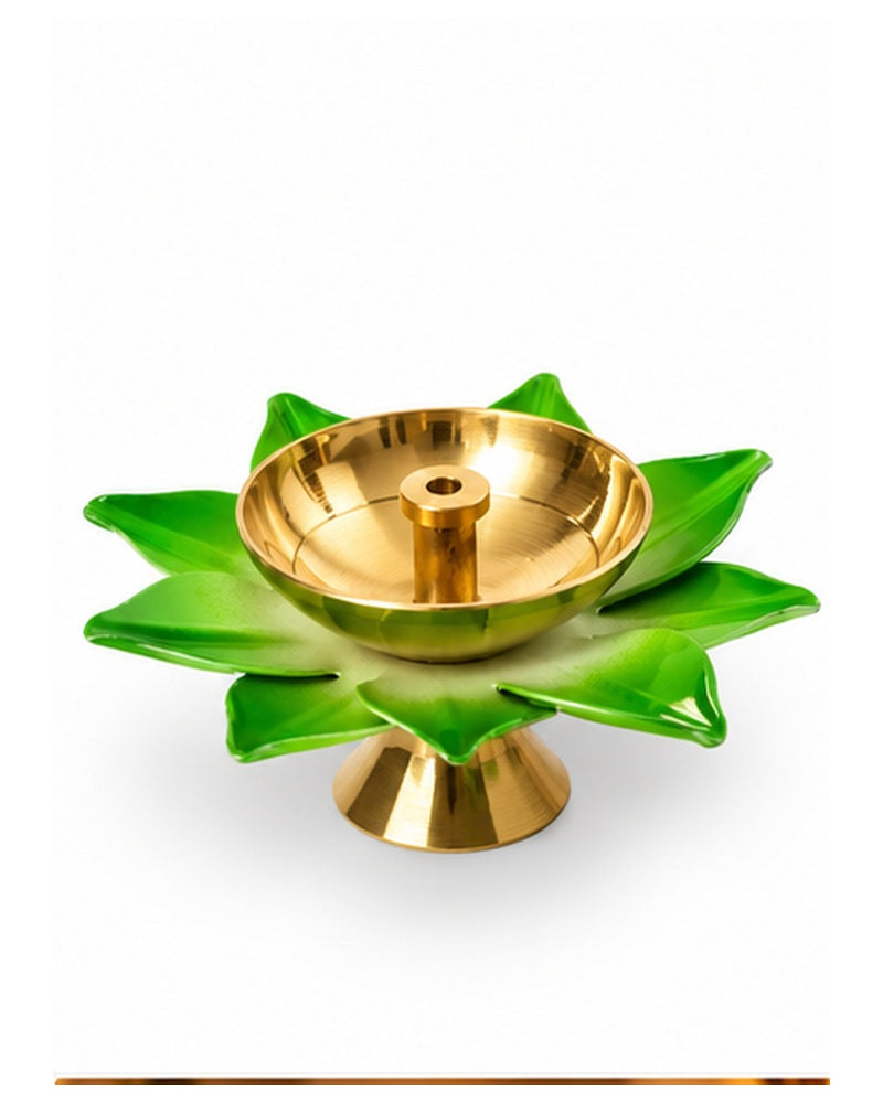 Green lotus brass diya, three quarter view