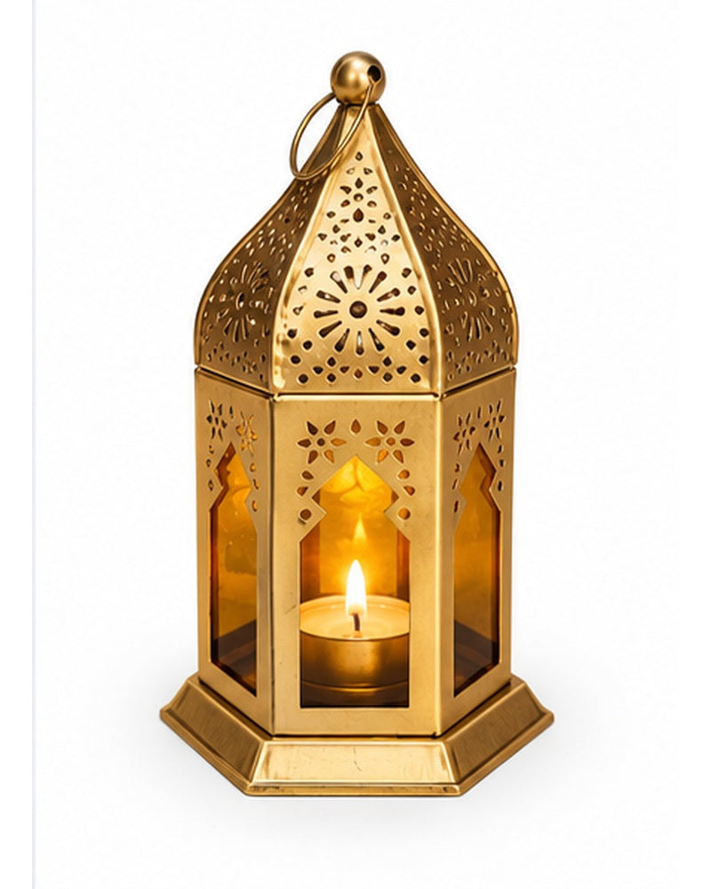 Gold jaali hanging lanterns set of 3, amber glass lantern