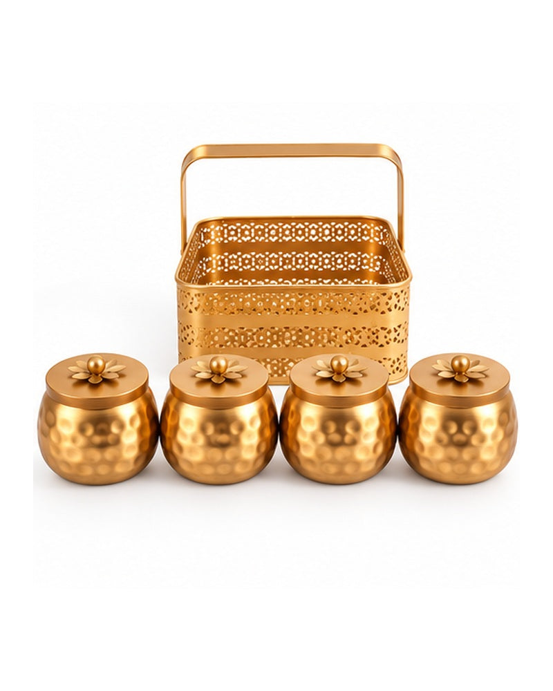 Jaali basket with the four hammered jars placed in front