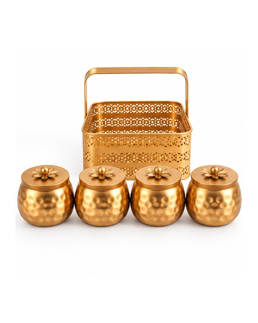Jaali basket with the four hammered jars placed in front