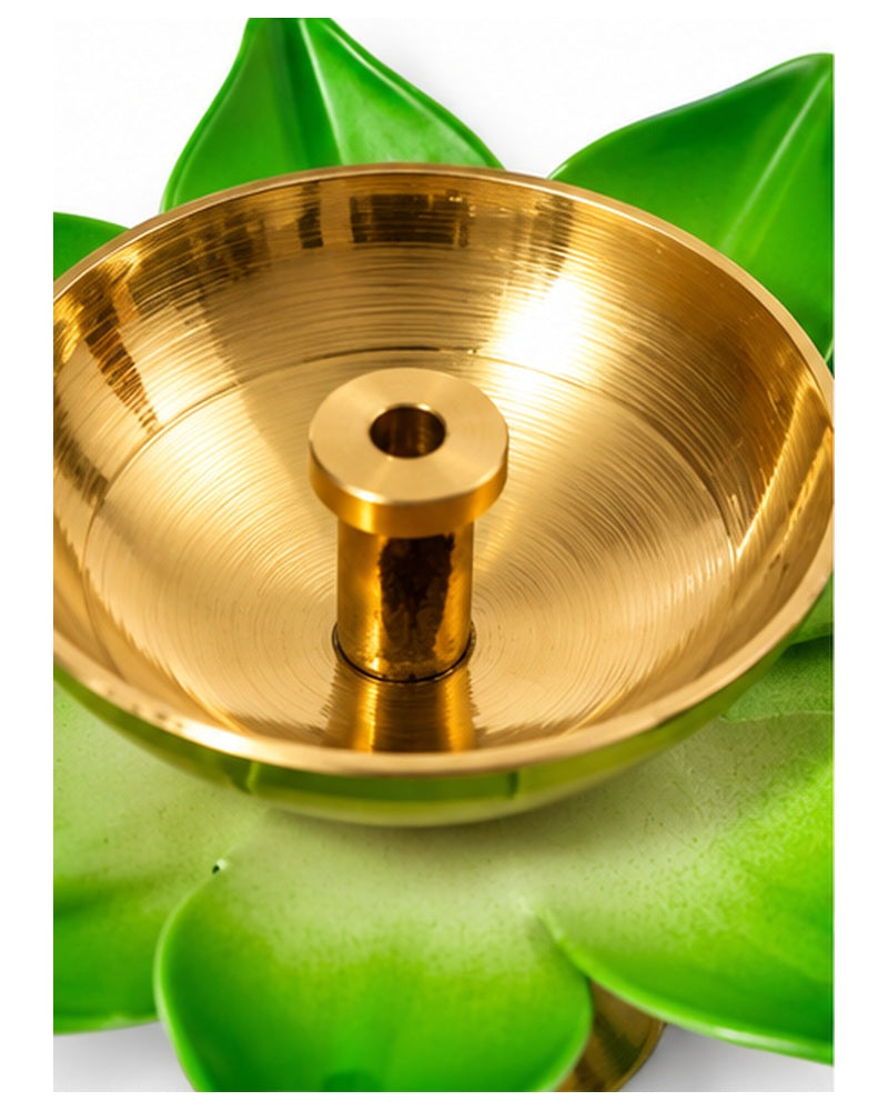 Green lotus brass diya, bowl detail