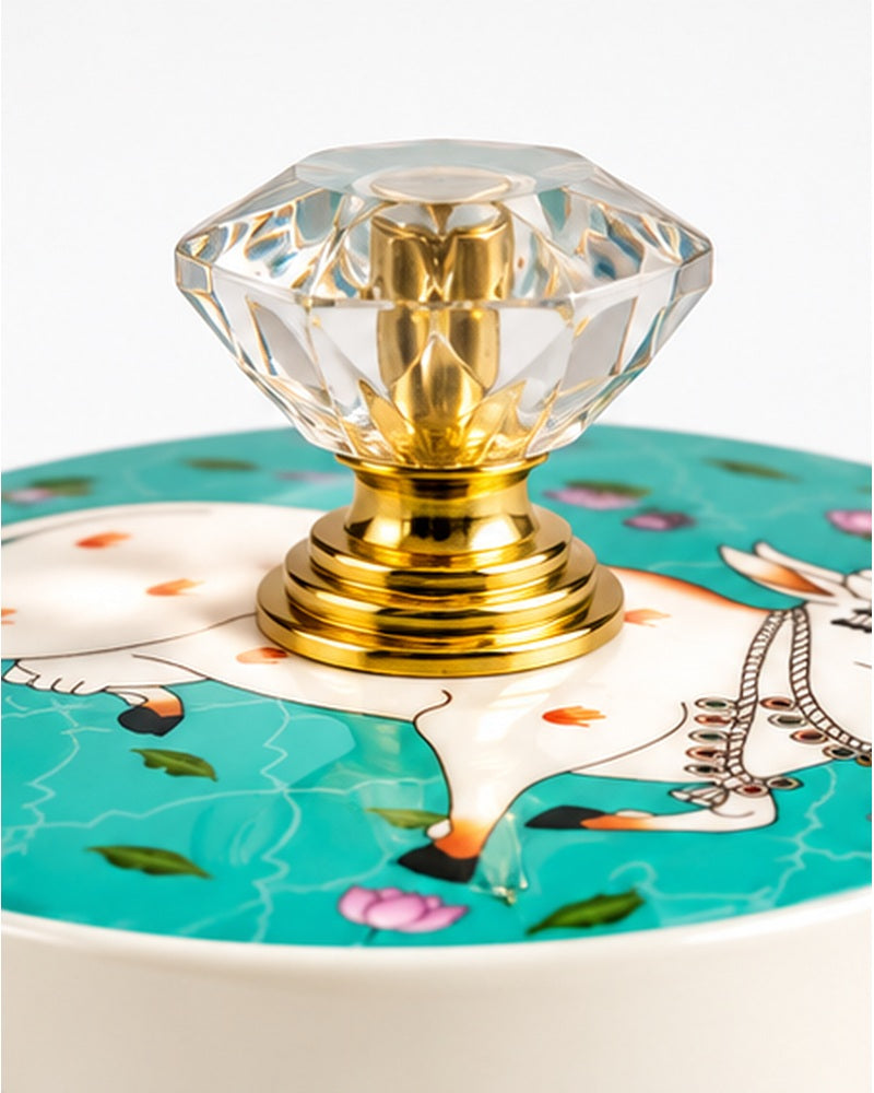 Pichwai art jar, Turquoise Cow & Lotus, knob close-up