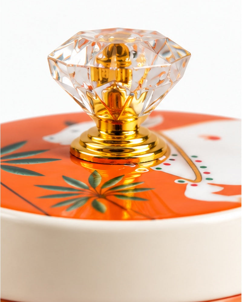 Pichwai art jar, crystal-look knob close-up