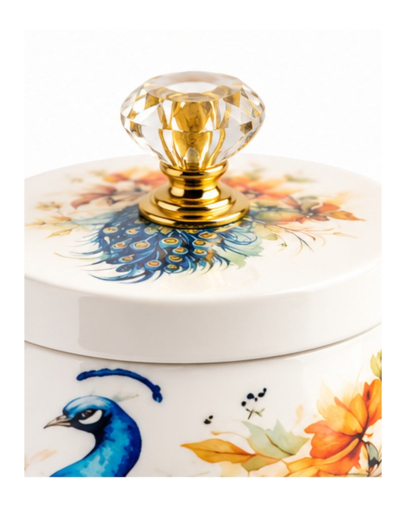 Close-up of the crystal-look knob on the peacock jar lid