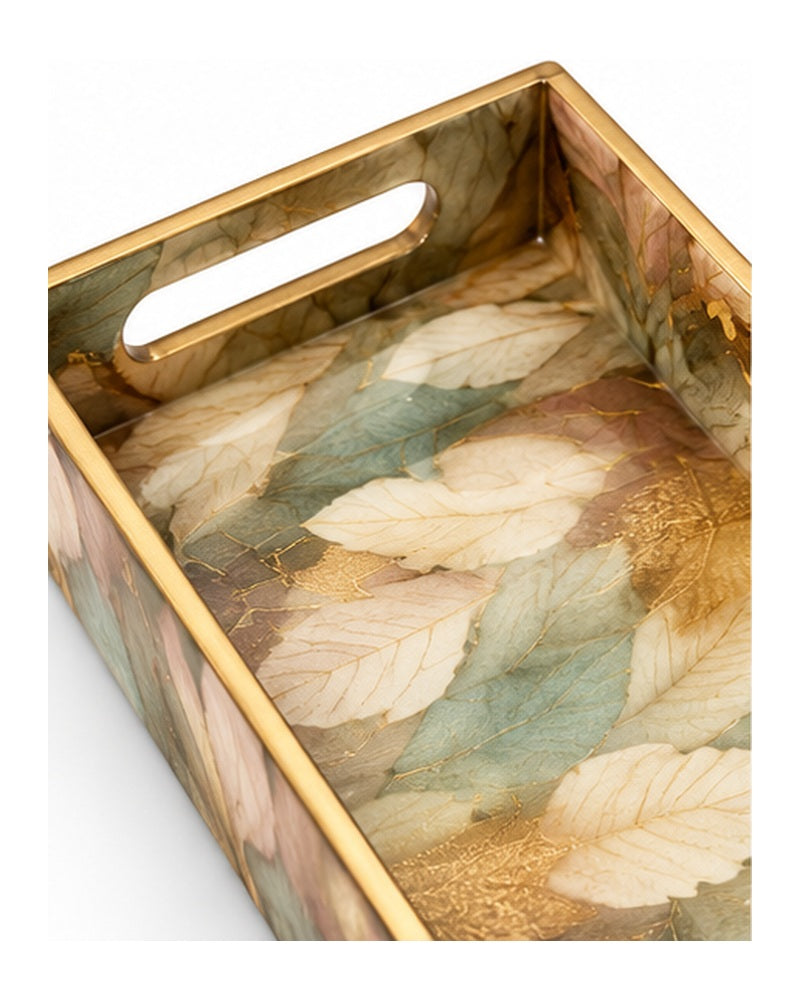 Feather print tray set with box, handle detail