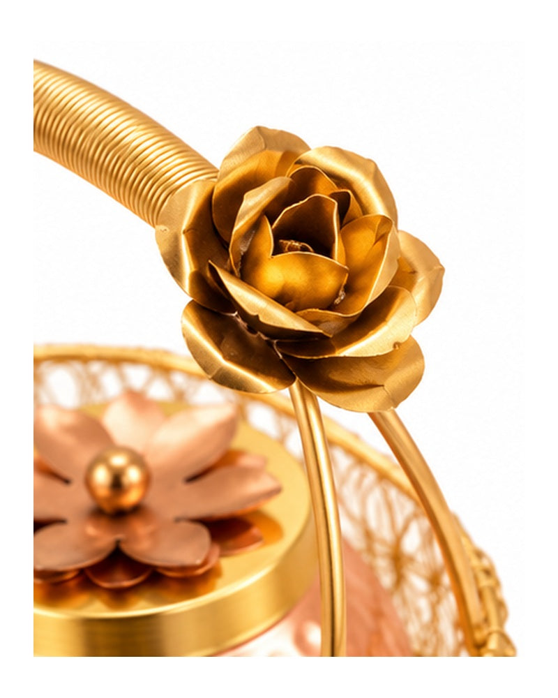 Close-up of the sculpted rose on the basket handle