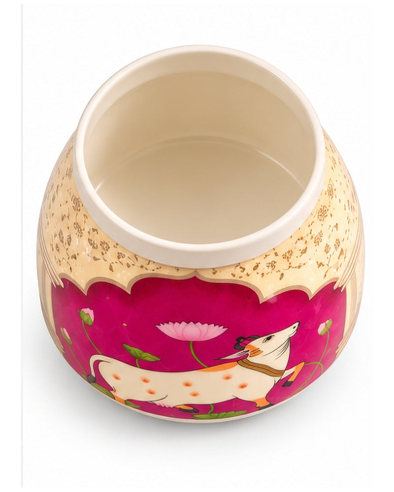 Pichwai art jar, Magenta Cow, open jar top view