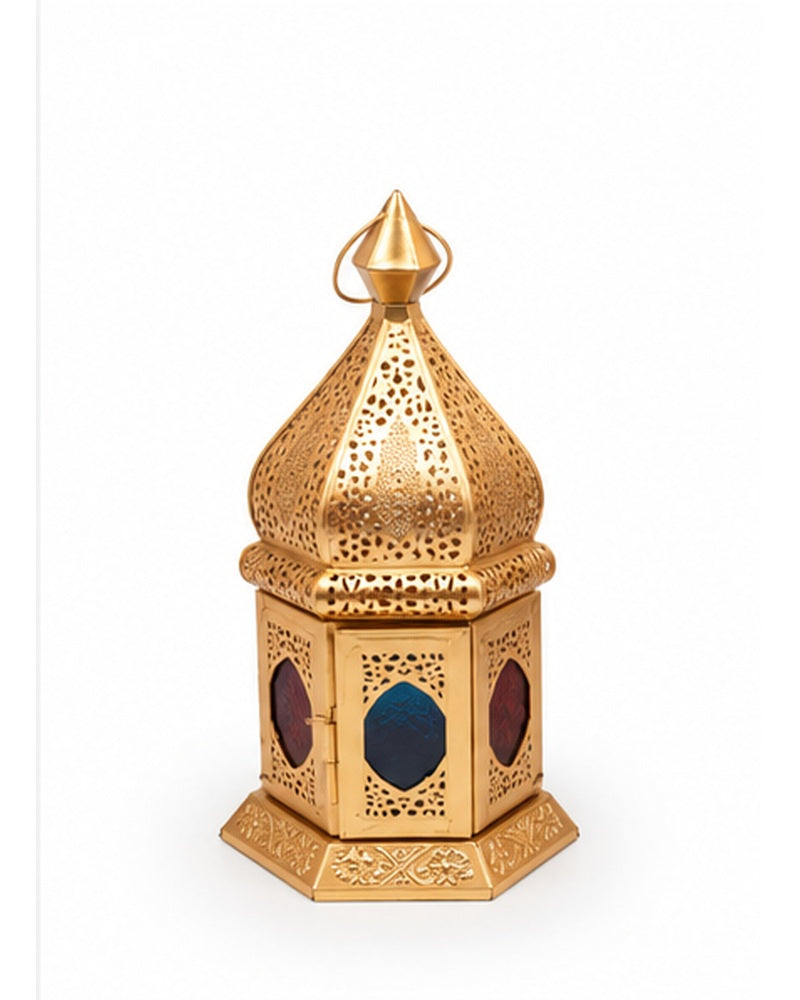 Gold jaali lanterns with coloured glass set of 3, single lantern full view