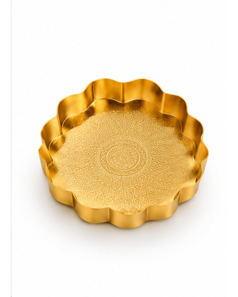 Gold scalloped mandala trays set of 3, single tray front angle