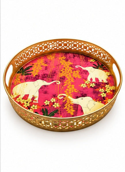 Pink elephant print round jaali trays set of 2, tray front angle