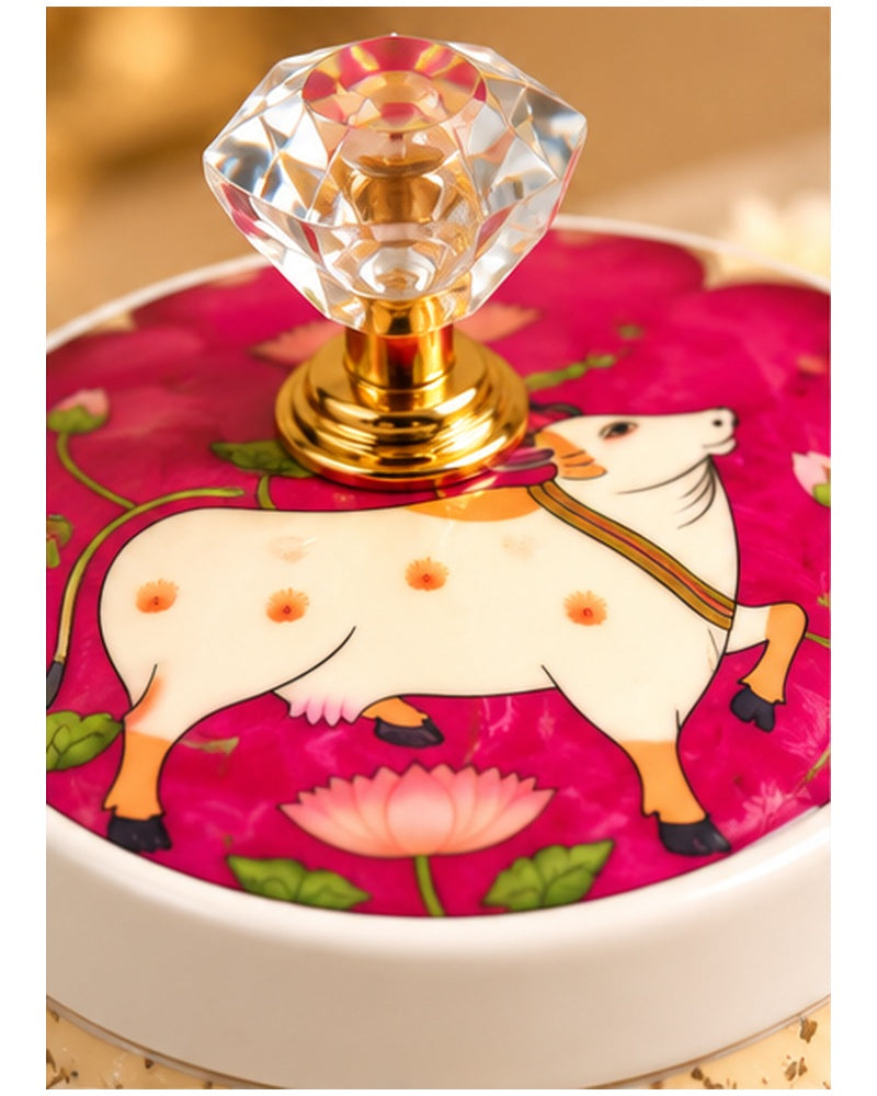 Pichwai art jar, Magenta Cow, crystal knob lid detail