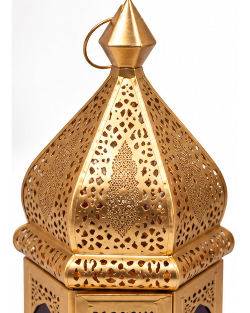 Gold jaali lanterns with coloured glass set of 3, domed filagree detail