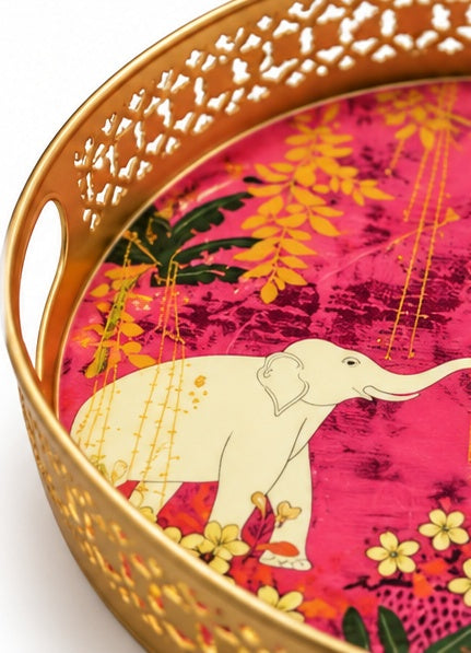 Pink elephant print round jaali trays set of 2, elephant art and lattice detail