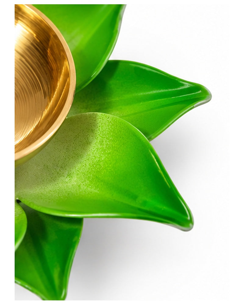 Green lotus brass diya, green petal detail