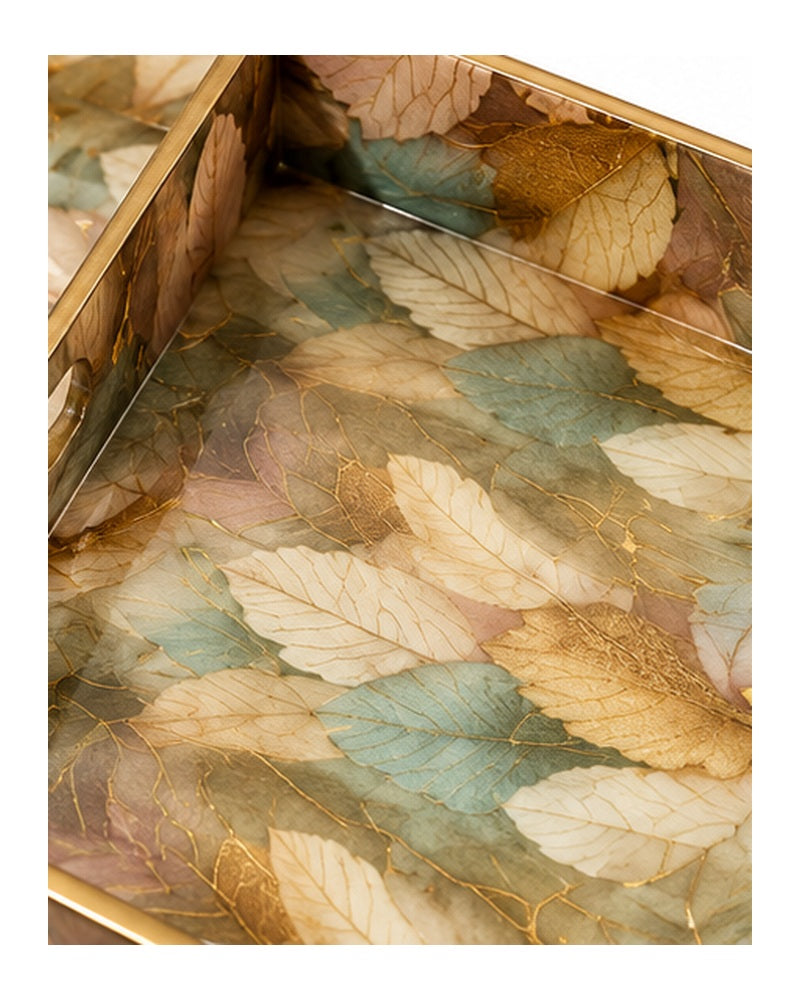 Feather print tray set with box, leaf pattern detail