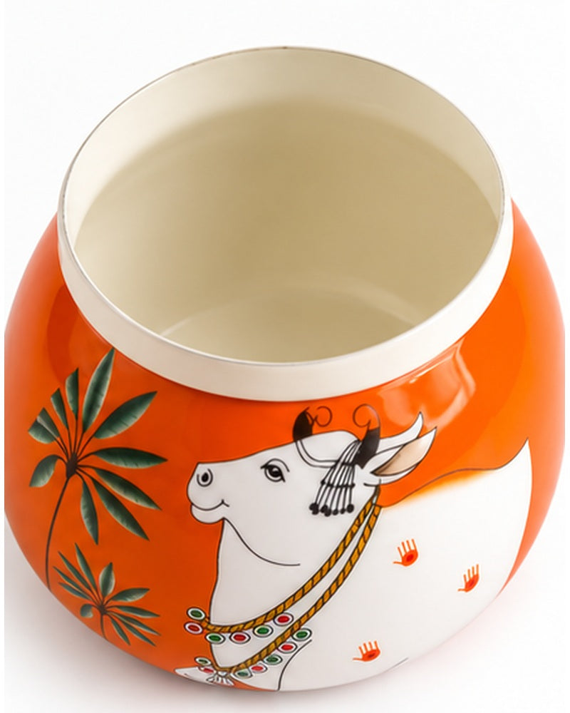 Pichwai art jar, Orange Cow, white inner finish