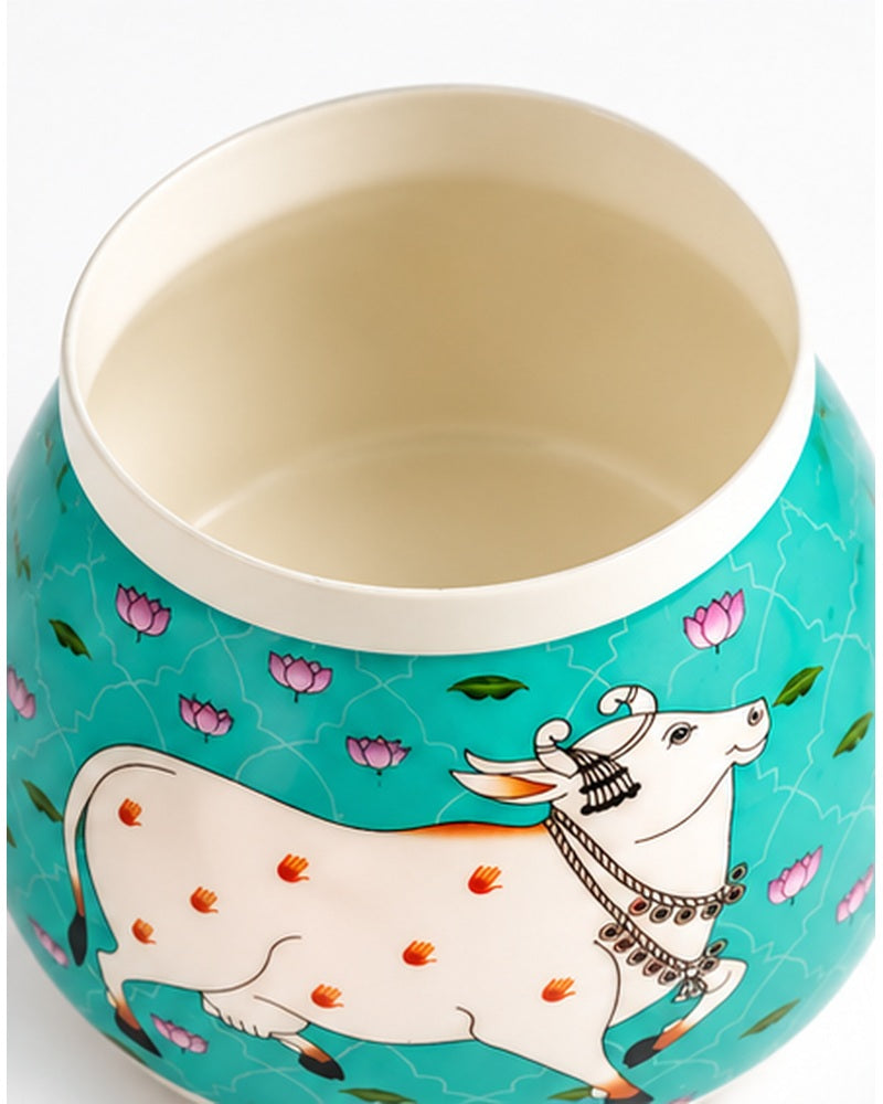 Pichwai art jar, Turquoise Cow & Lotus, white inner finish