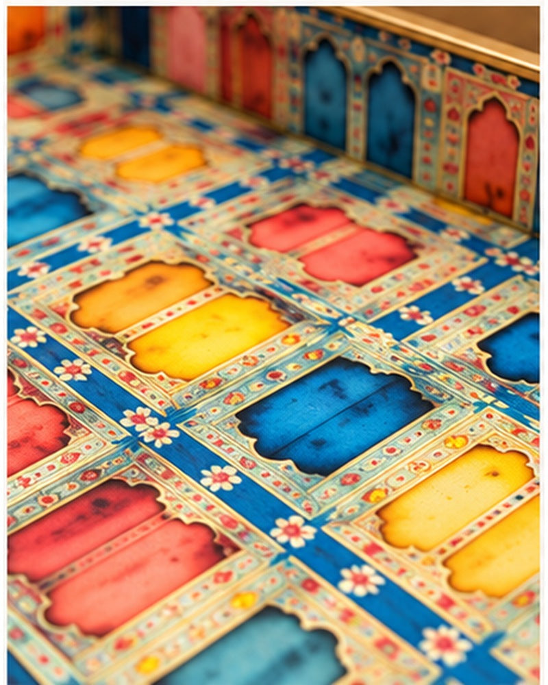 Close-up of the red, blue and yellow arch pattern