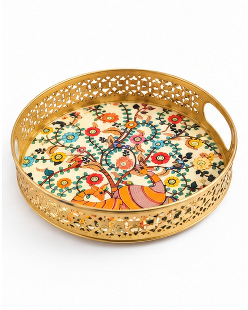 Single round floral jaali tray with handles