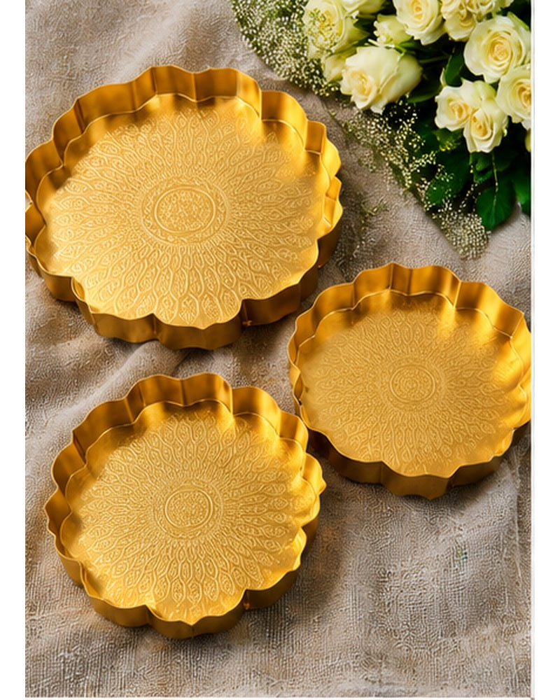 Gold scalloped mandala trays set of 3, styled in a festive setting