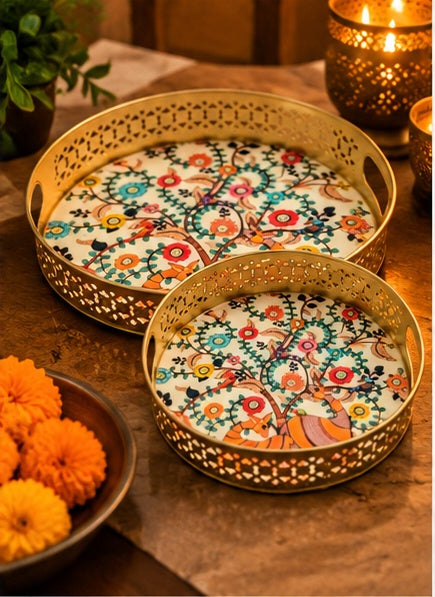 Tree of Life folk art round jaali trays, set of 2