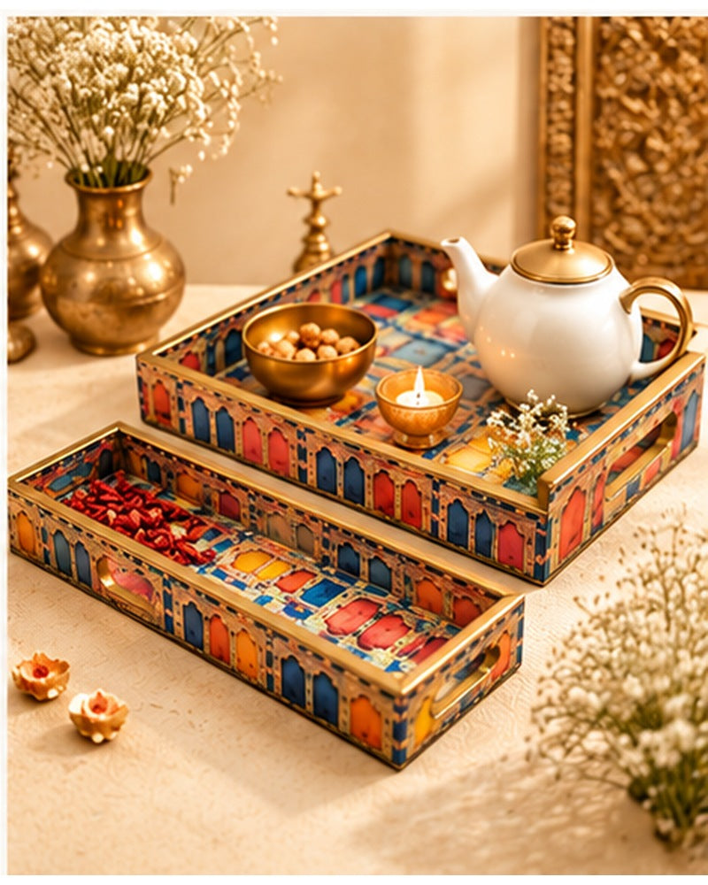 Jharokha tray set styled with tea set and brass decor