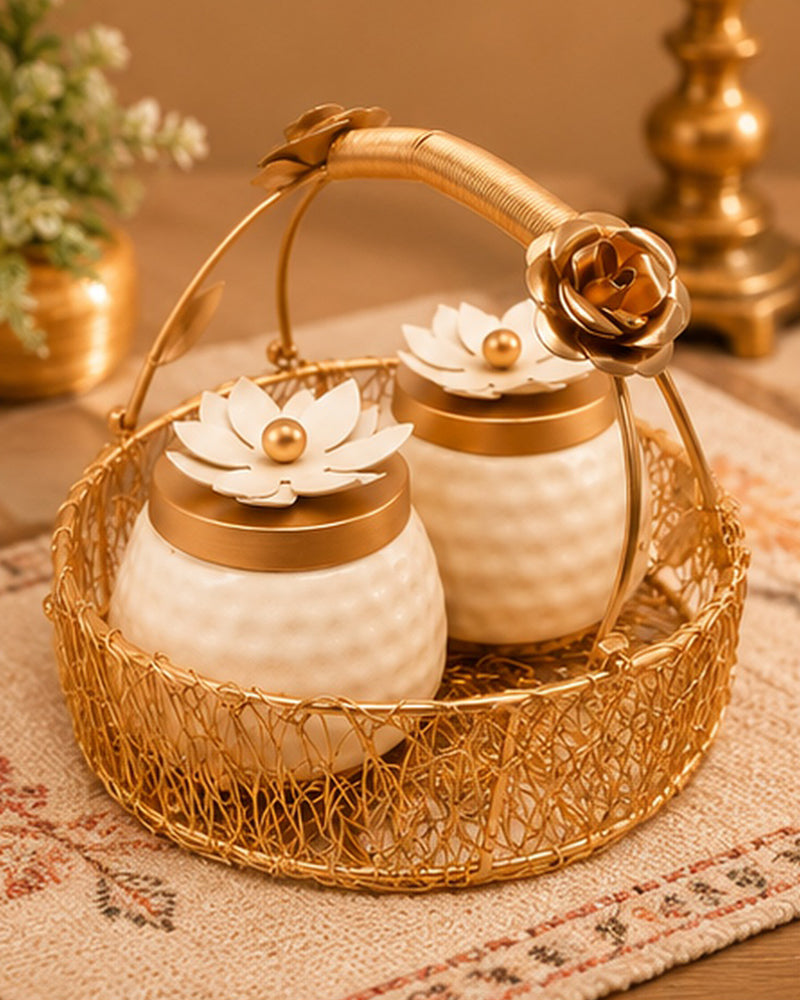 White blossom jar basket styled on a festive table