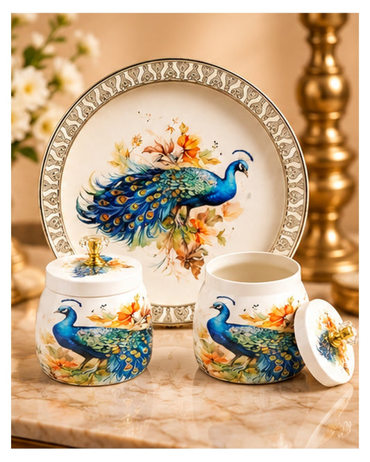 Peacock platter and jar set styled with flowers and brass decor